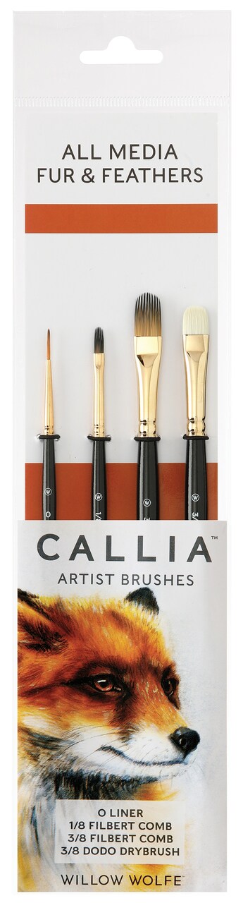 Willow Wolfe Callia Artist All Media Fur & Feather Brush Set-Liner, Filbert Combs, Dodo Drybrush